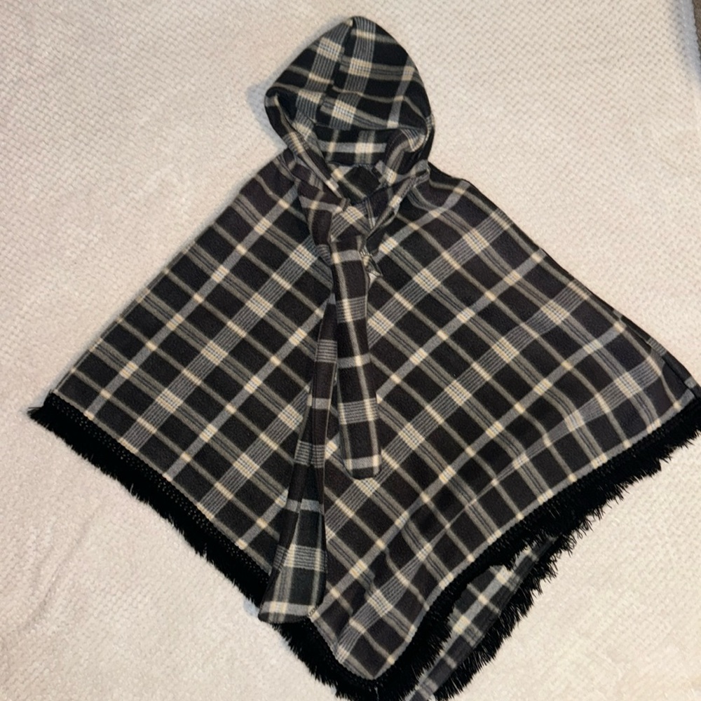Plaid Honduran fleece poncho with hood and hood ties and fringe ends